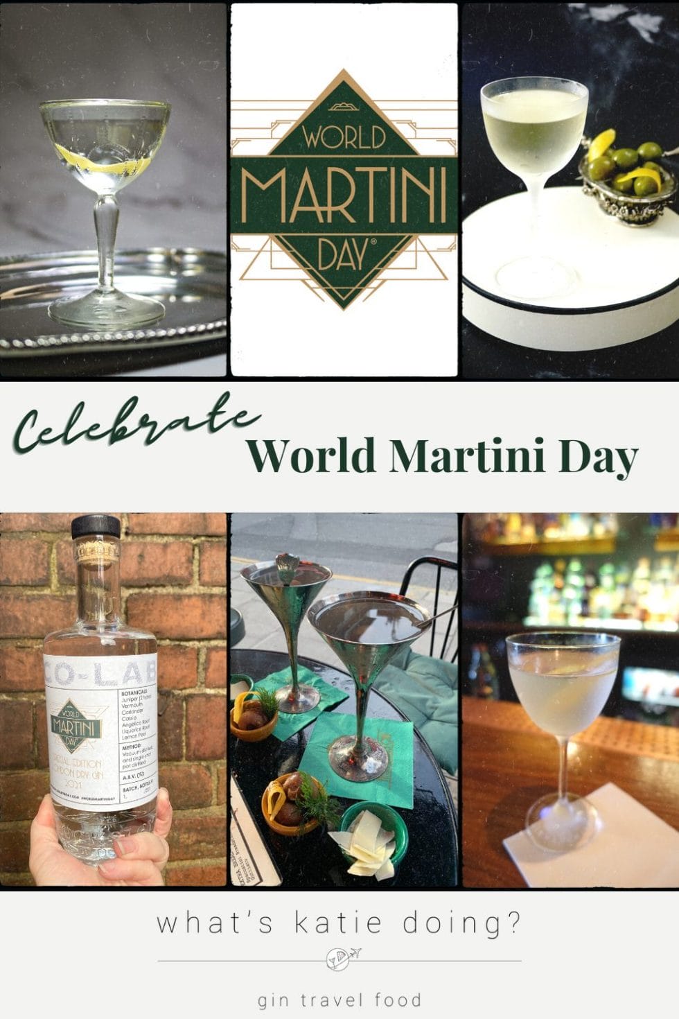 selection of 4 martini pictures, world martini day gin bottle and the world martini day logo