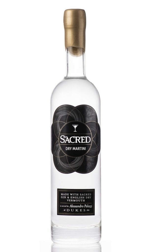 Sacred martini bottle on white background