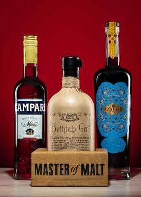 Line up of Campari, Bathtub gin and Azzaline vermouth bottles