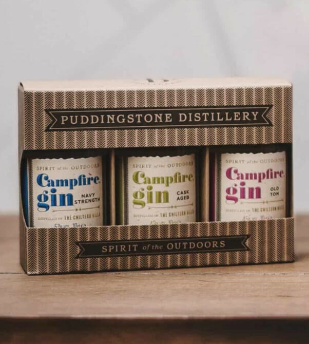 Campfire Gin set with 3 bottles in a cardboard presentation box