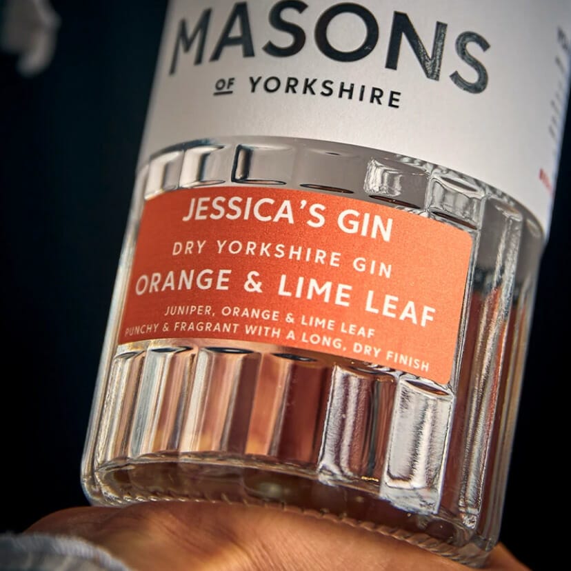 Close up of Mason's gin bottle with the name Jessica on the label