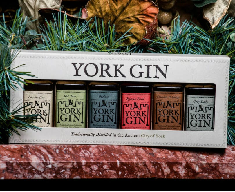 6 York Gin minis in presentation box with tinsel around