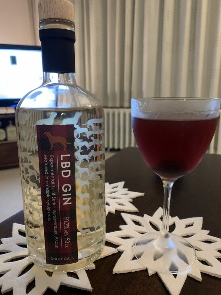 LBD maple cask aged gin bottle and cocktail