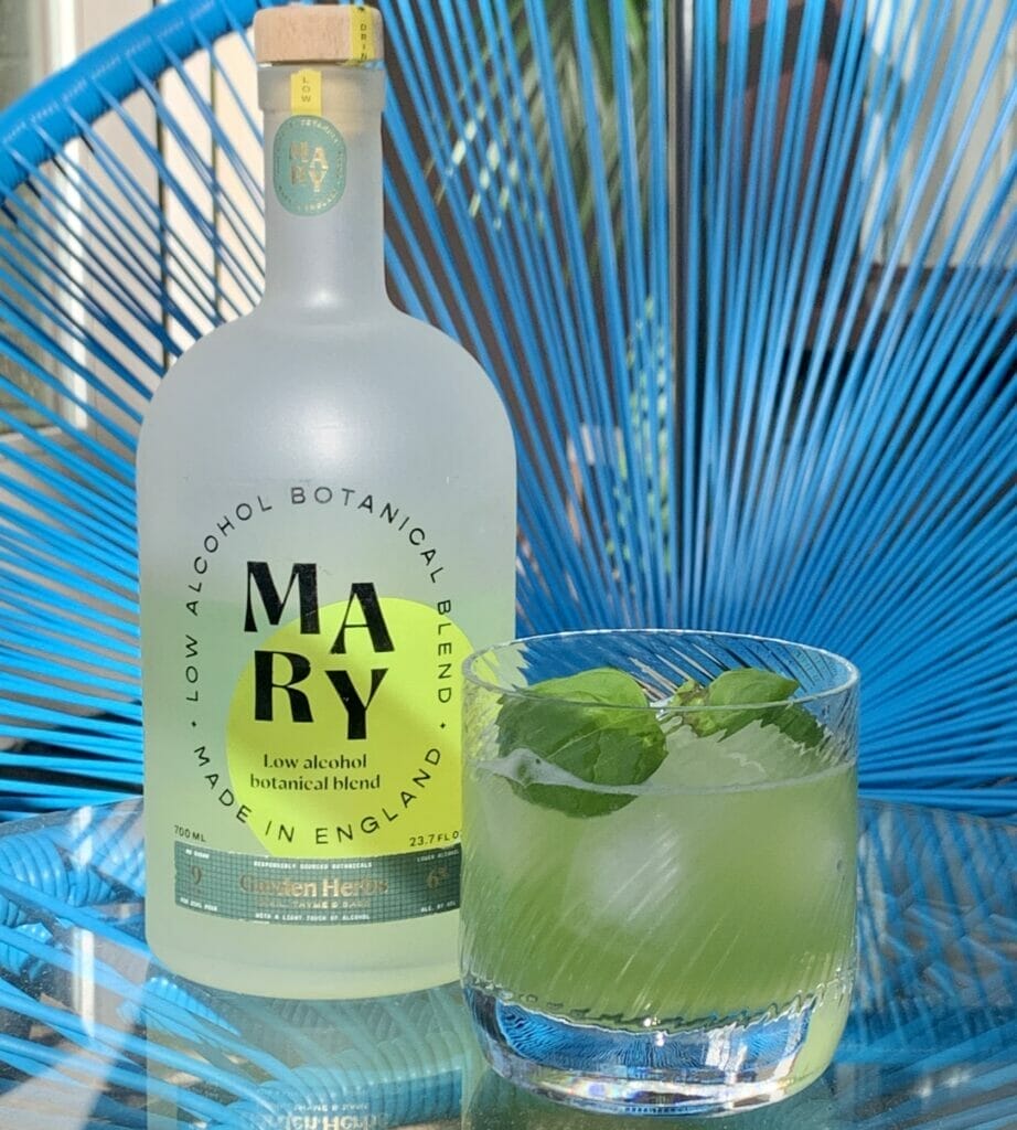 Mary bottle with basil smash cocktail