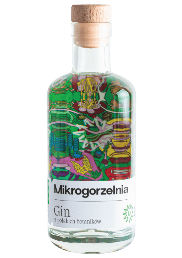 Gin bottle with colourful illustrated label showing through bottle