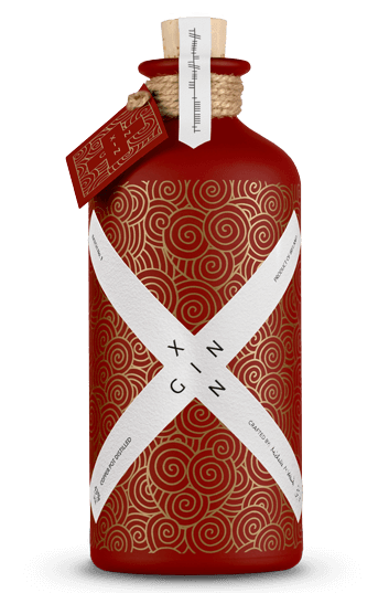 Red Xin Gin bottle with white cross
