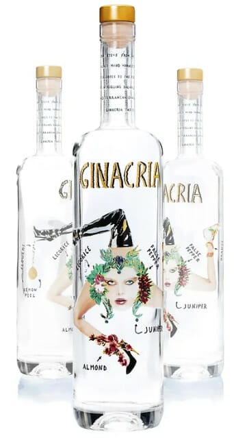 GIn bottle with woman's face in the middle of the label, 3 legs and botanicals illustrated